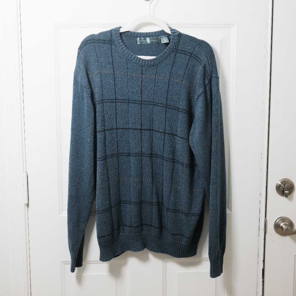 VINTAGE Oscar De La Renta Sweater Medium Adult Blue Plaid Pullover Logo Mens XL